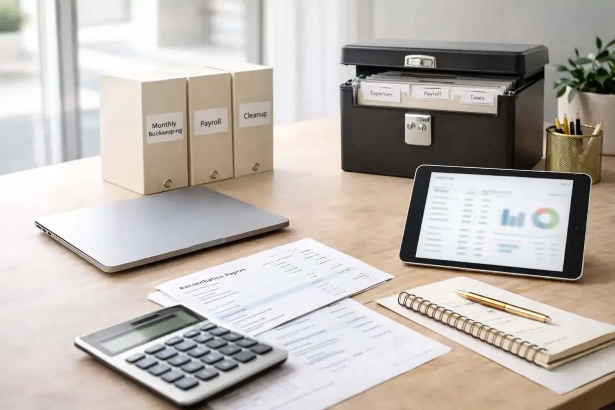 Professional accounting workspace with secure document organizer laptop and financial folders representing confidential bookkeeping services from Ferrara Bookkeeping and Consulting Las Vegas bookkeeper Ina Ferrara protecting client financial information