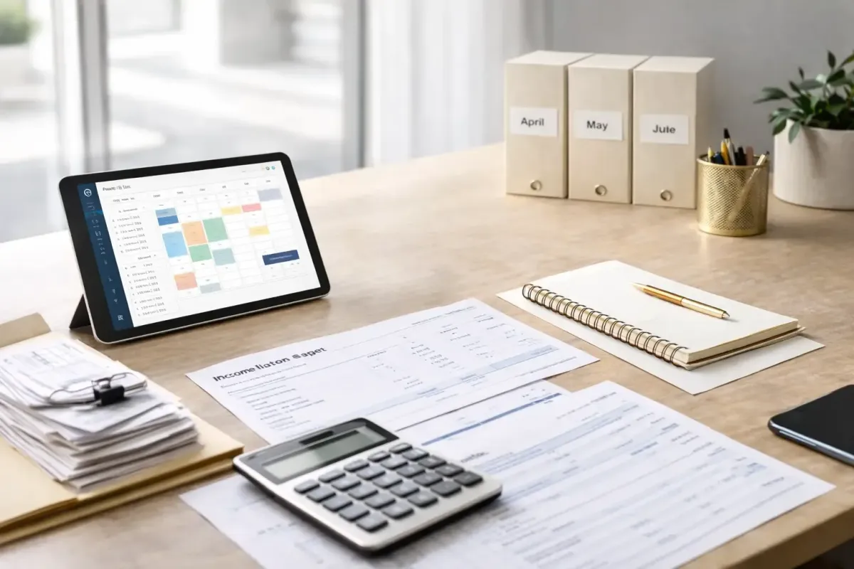 Professional accounting workspace with calendar schedule financial report folders and calculator representing reliable on time bookkeeping services from Ferrara Bookkeeping and Consulting Las Vegas bookkeeper Ina Ferrara