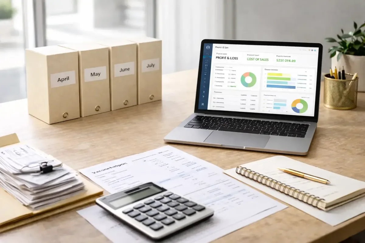 Professional accounting workspace with laptop financial reports organized monthly folders and calculator representing flexible month to month bookkeeping services from Ferrara Bookkeeping and Consulting Las Vegas bookkeeper Ina Ferrara