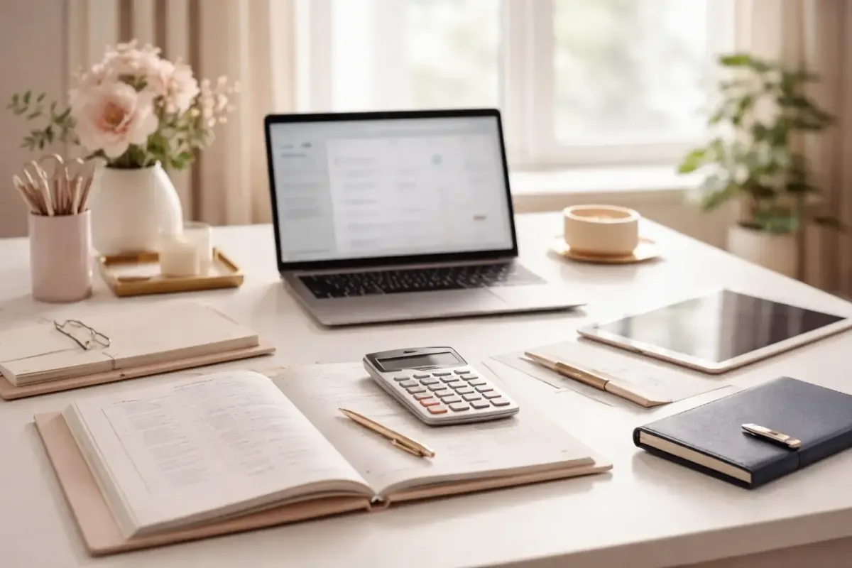 Organized bookkeeping workspace with laptop financial dashboard documents calculator and ledger tools representing Ferrara Bookkeeping and Consulting small business financial clarity and accuracy