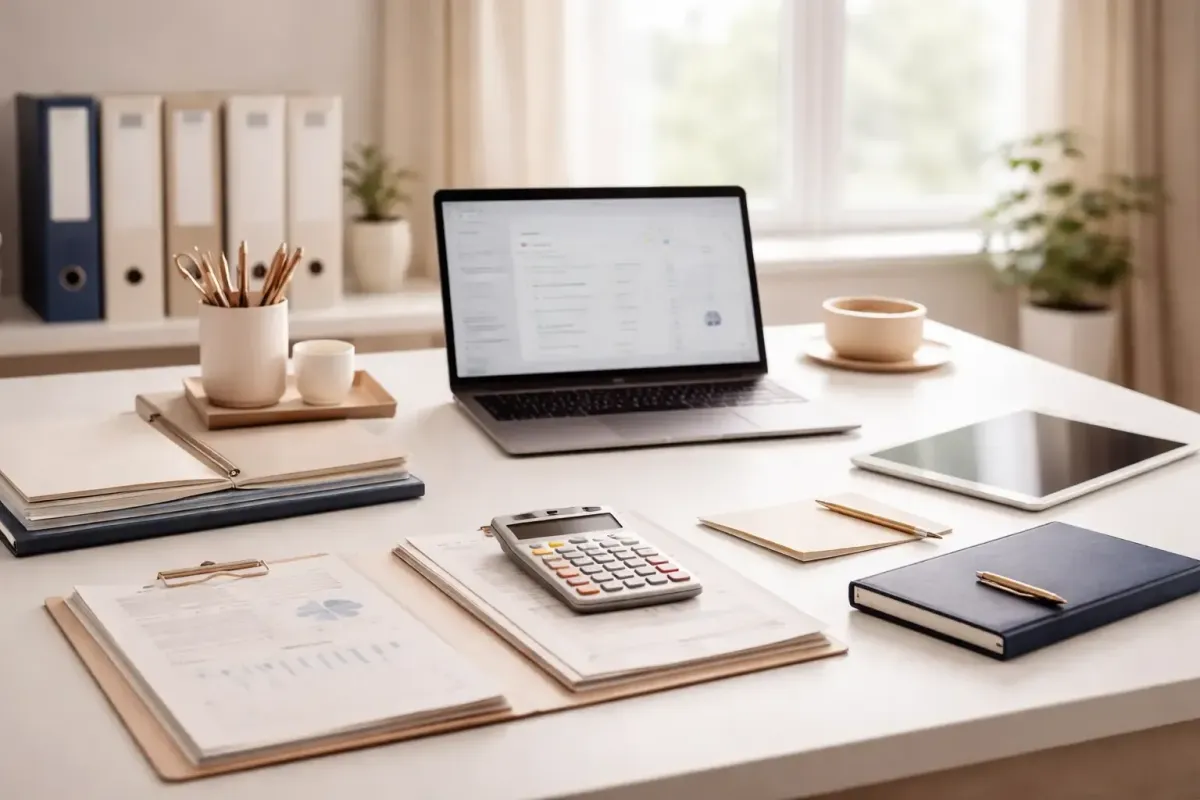 Modern bookkeeping setup with cloud accounting software laptop tablet and organized financial materials representing Ferrara Bookkeeping and Consulting all in one QuickBooks Online services for small businesses