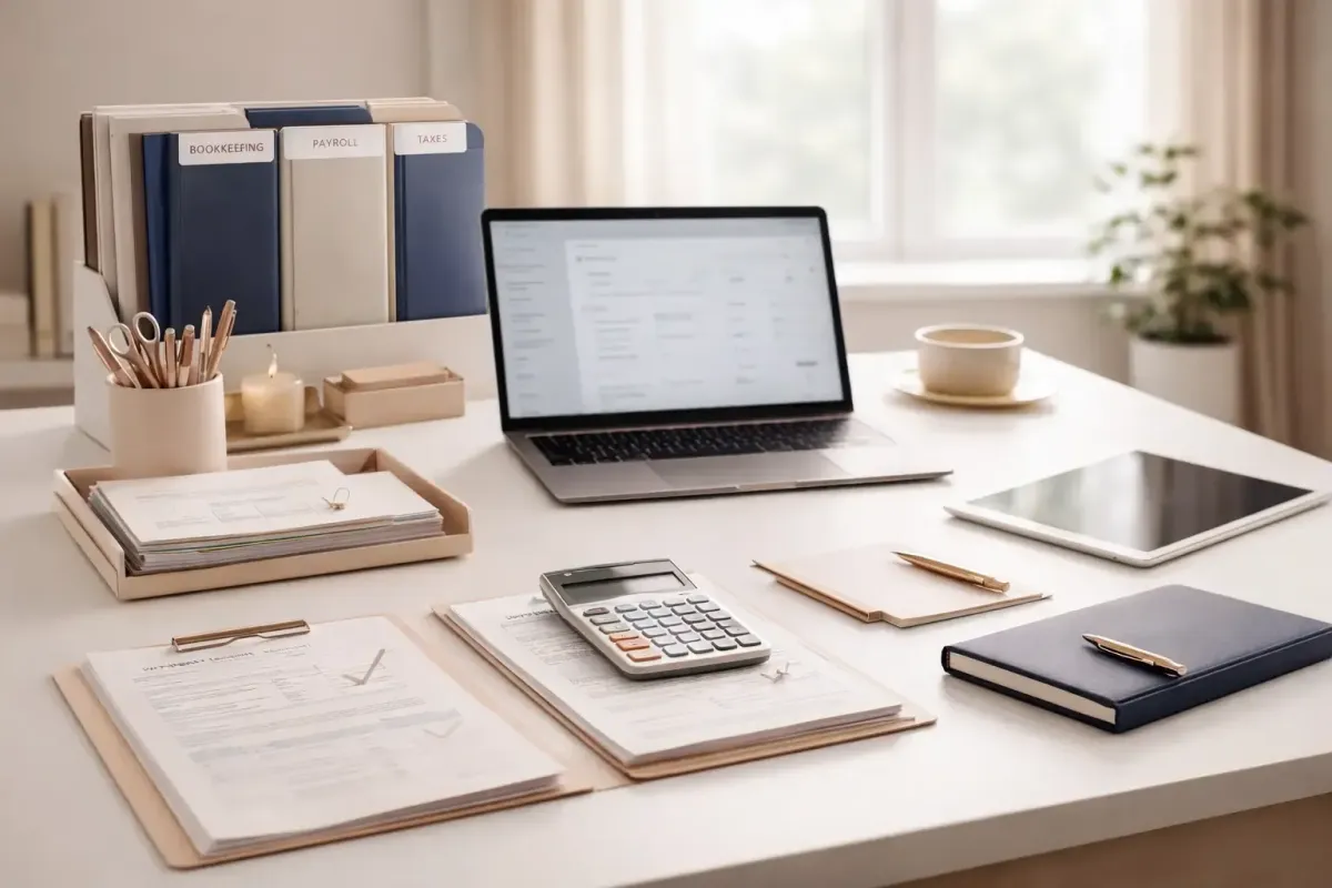 Comprehensive bookkeeping workspace with laptop cloud accounting dashboard organized financial documents calculator and ledger tools representing Ferrara Bookkeeping and Consulting full service small business financial management