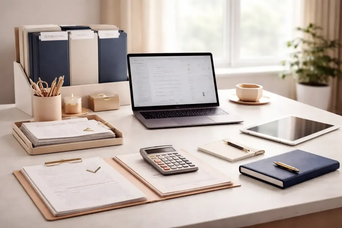 Executive bookkeeping workspace with laptop advanced accounting dashboard organized reconciled documents ledger notebook and premium financial tools representing Ferrara Bookkeeping and Consulting expert financial services and precision bookkeeping