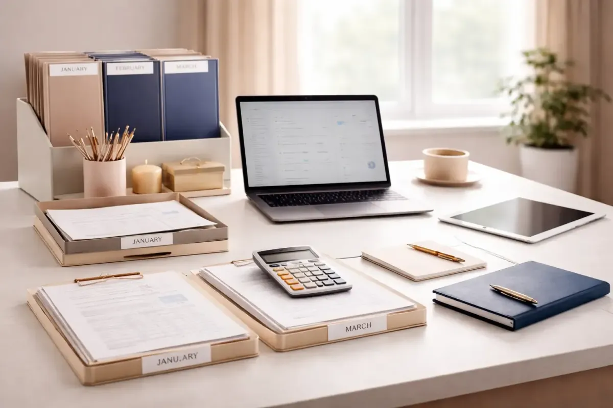 Bookkeeping workspace showing messy financial documents transformed into organized reconciled records with laptop accounting dashboard representing Ferrara Bookkeeping and Consulting QuickBooks cleanup and catch up services