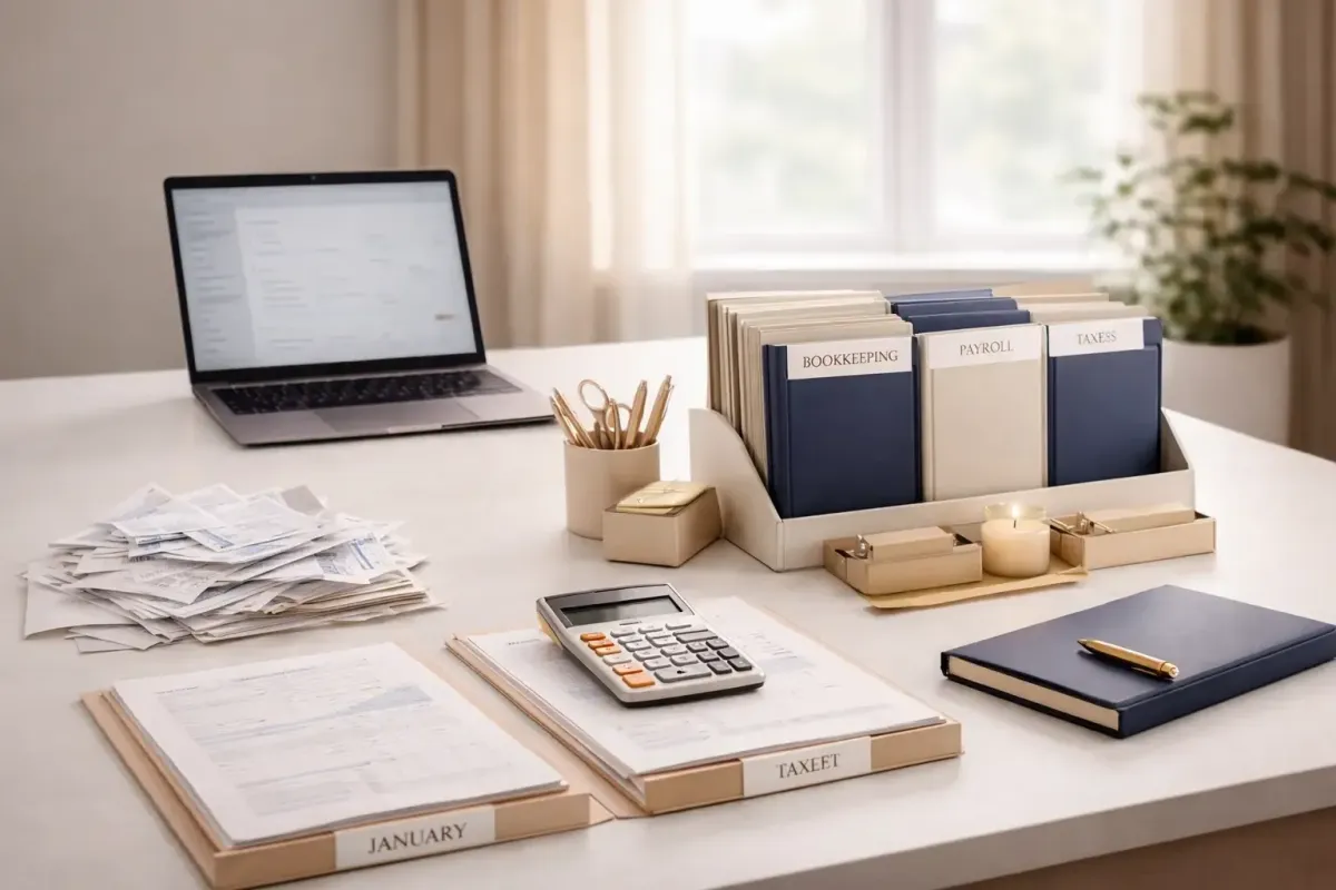 Bookkeeping workspace showing messy financial documents transformed into organized reconciled records with laptop accounting dashboard representing Ferrara Bookkeeping and Consulting QuickBooks cleanup and catch up services
