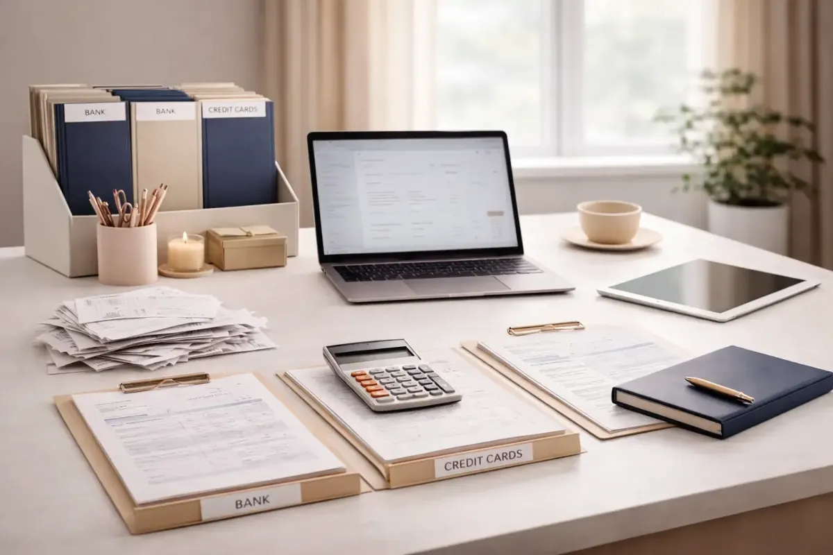 Account reconciliation workspace with laptop accounting dashboard bank statements and financial documents aligned for verification representing Ferrara Bookkeeping and Consulting accurate monthly reconciliation services