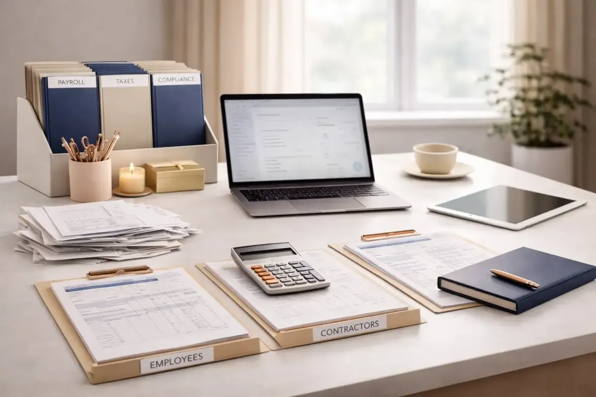 Payroll management workspace with laptop payroll dashboard organized payroll documents calculator and ledger tools representing Ferrara Bookkeeping and Consulting QuickBooks payroll services for small businesses