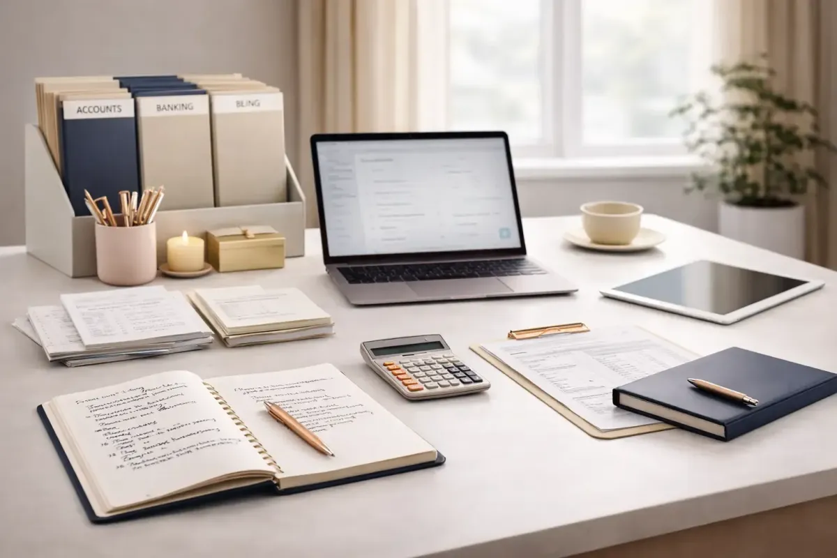 QuickBooks training workspace with laptop accounting dashboard notebook and organized financial materials representing Ferrara Bookkeeping and Consulting personalized QuickBooks Online training