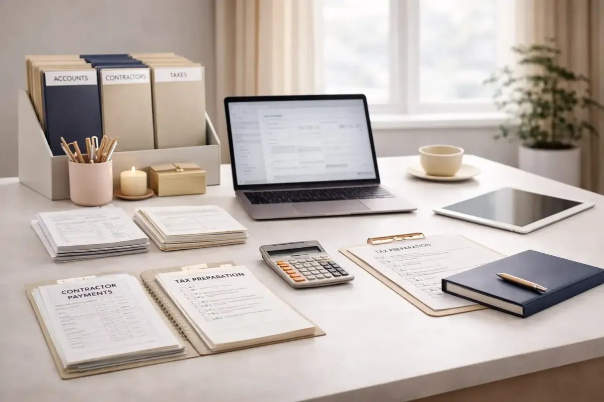 1099 filing workspace with laptop tax dashboard organized financial documents and calculator representing Ferrara Bookkeeping and Consulting accurate contractor tax filing services