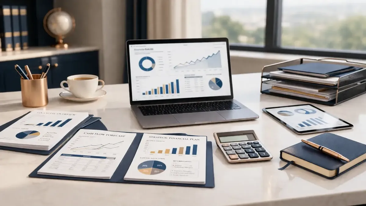 1099 filing workspace with laptop tax dashboard organized financial documents and calculator representing Ferrara Bookkeeping and Consulting accurate contractor tax filing services