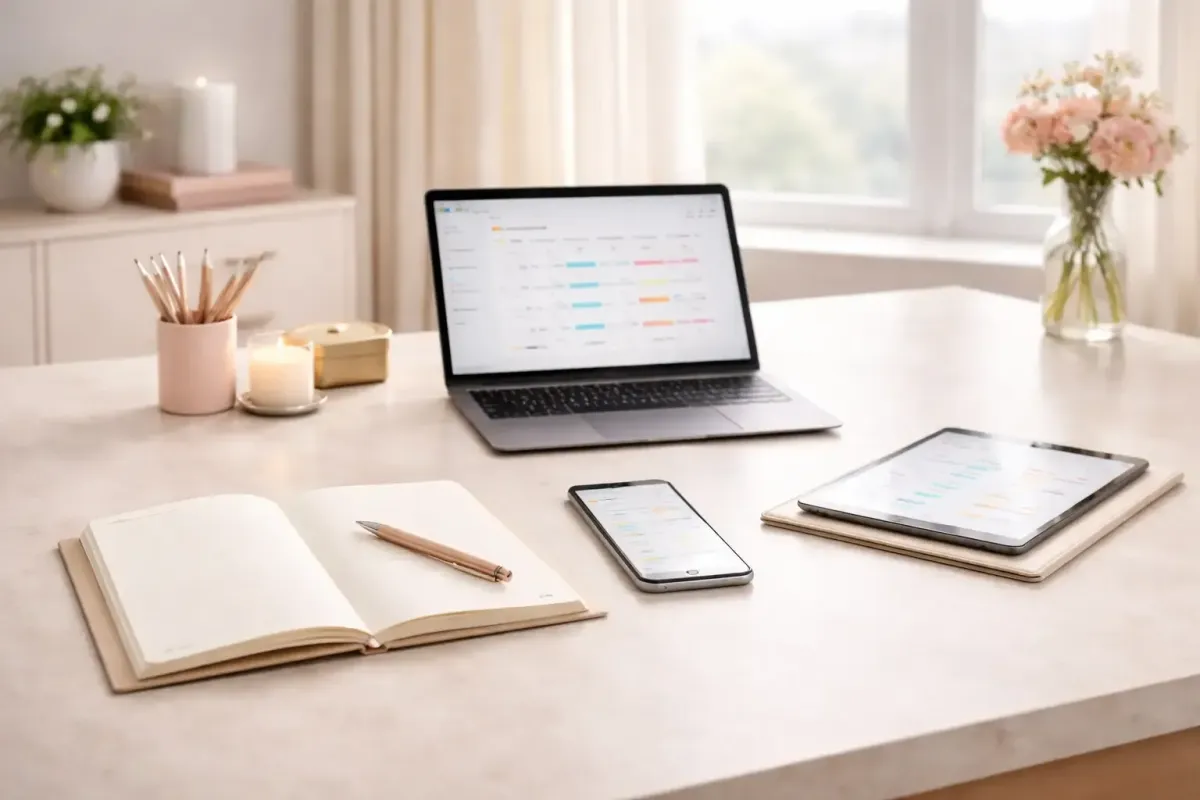 Clean workspace with laptop calendar scheduling interface smartphone and notebook representing Ferrara Bookkeeping and Consulting free clarity call and simple onboarding process