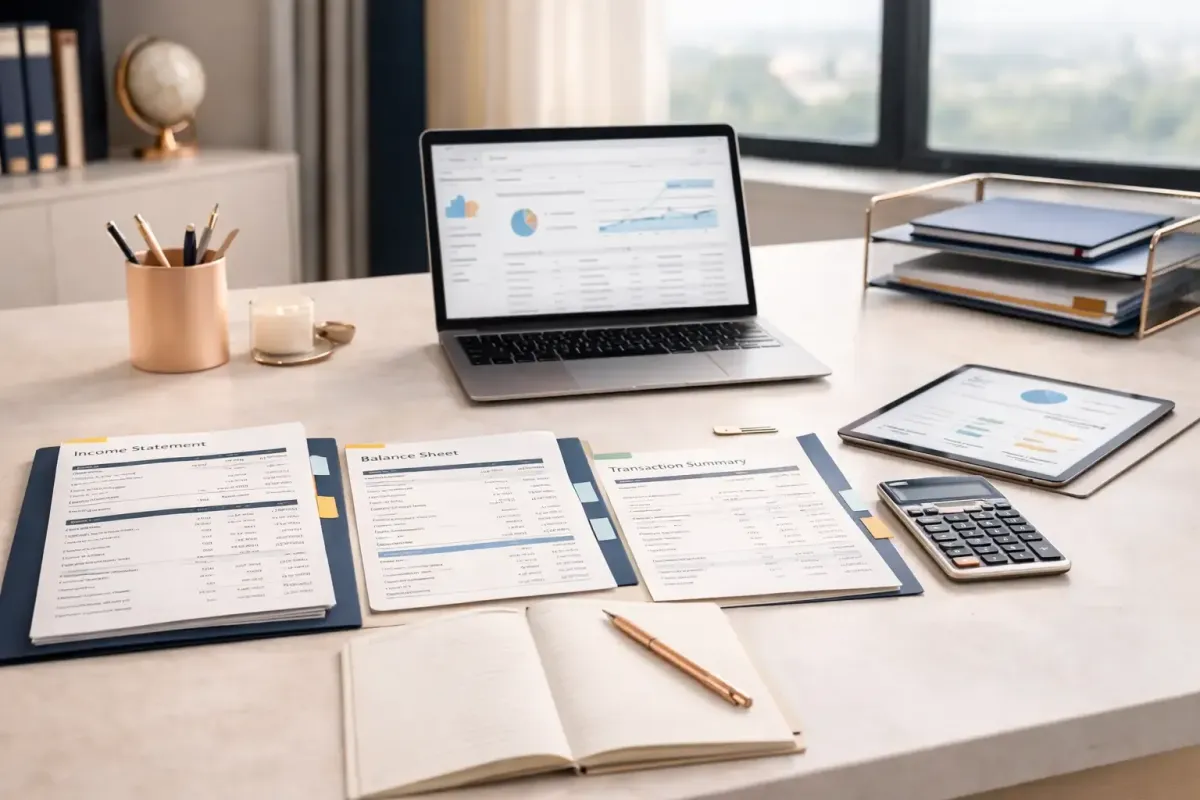 Financial review workspace with laptop accounting dashboard organized documents and calculator representing Ferrara Bookkeeping and Consulting QuickBooks assessment and bookkeeping evaluation
