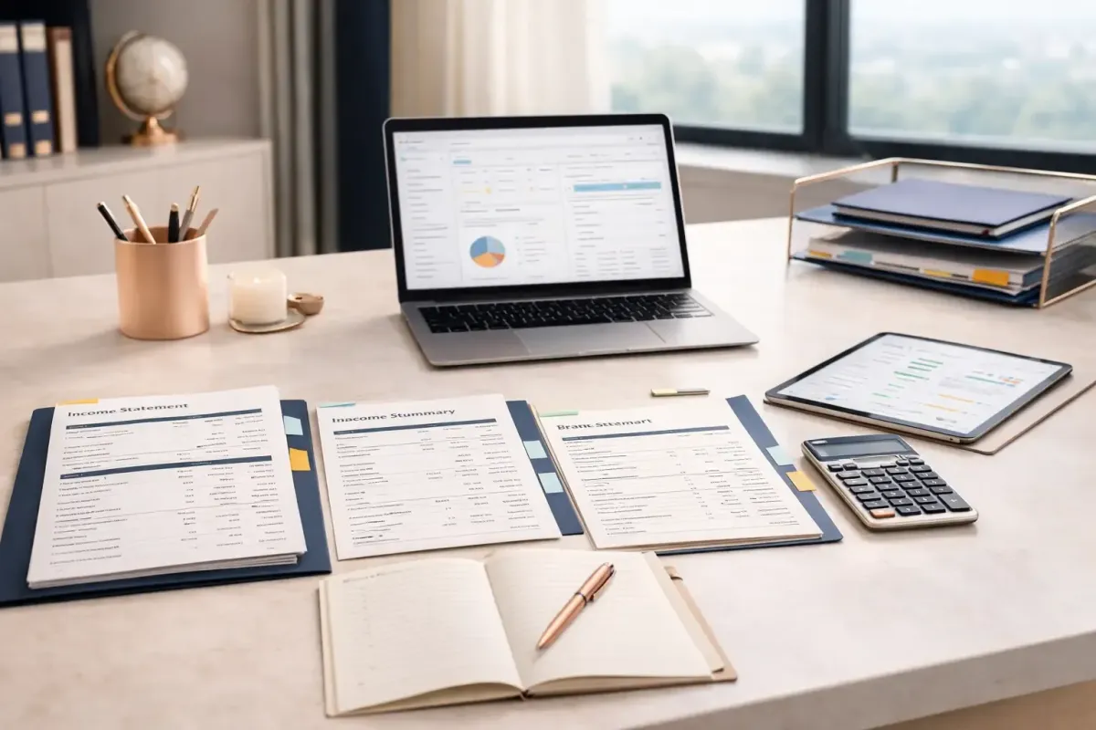 Organized bookkeeping workspace with laptop accounting dashboard documents and workflow setup representing Ferrara Bookkeeping and Consulting reliable bookkeeping execution and ongoing financial management