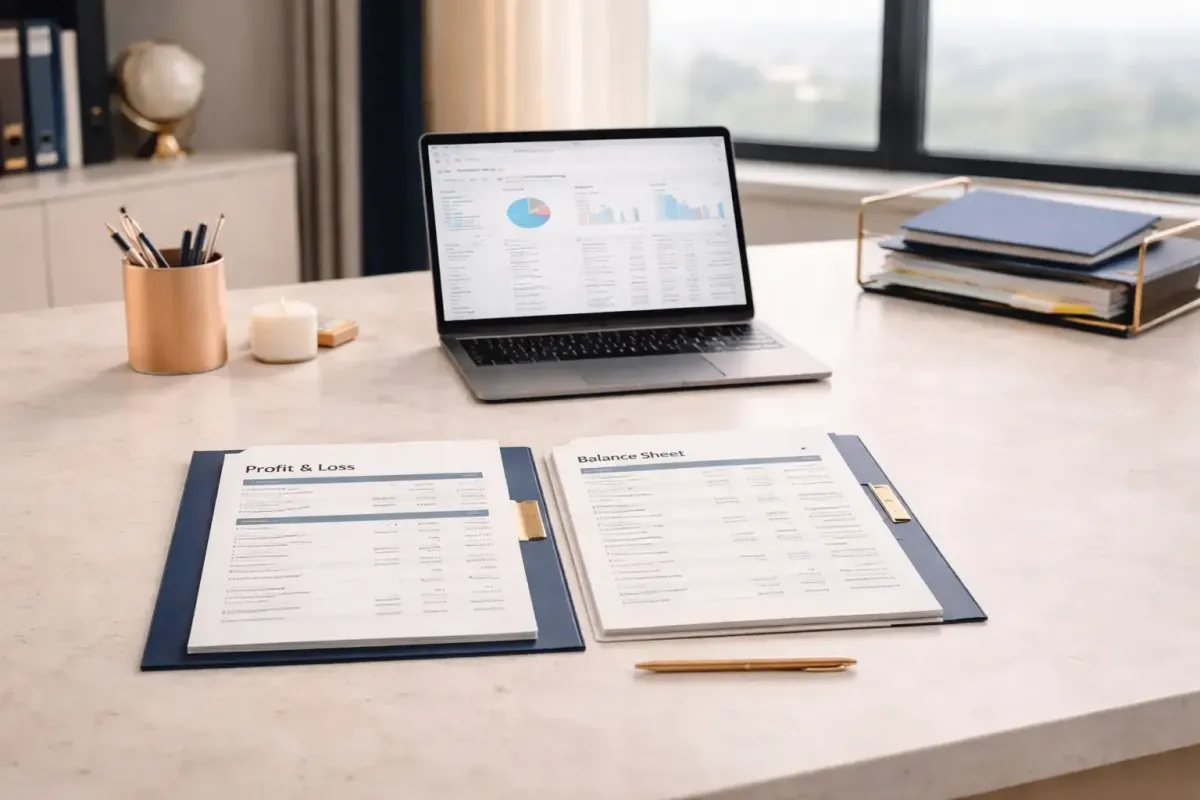 Clean financial workspace with laptop accounting dashboard and organized reports representing Ferrara Bookkeeping and Consulting clear accurate bookkeeping and financial clarity