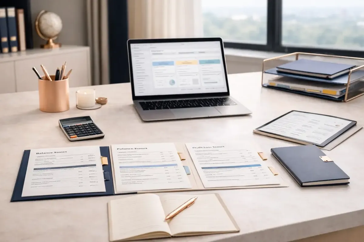 Accurate bookkeeping workspace with laptop accounting dashboard and aligned financial documents representing Ferrara Bookkeeping and Consulting verified and reliable financial records