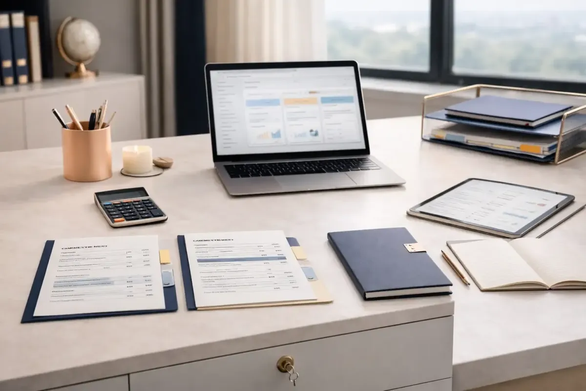 Flexible bookkeeping workspace with laptop accounting dashboard and organized documents representing Ferrara Bookkeeping and Consulting month to month services with no long term contracts