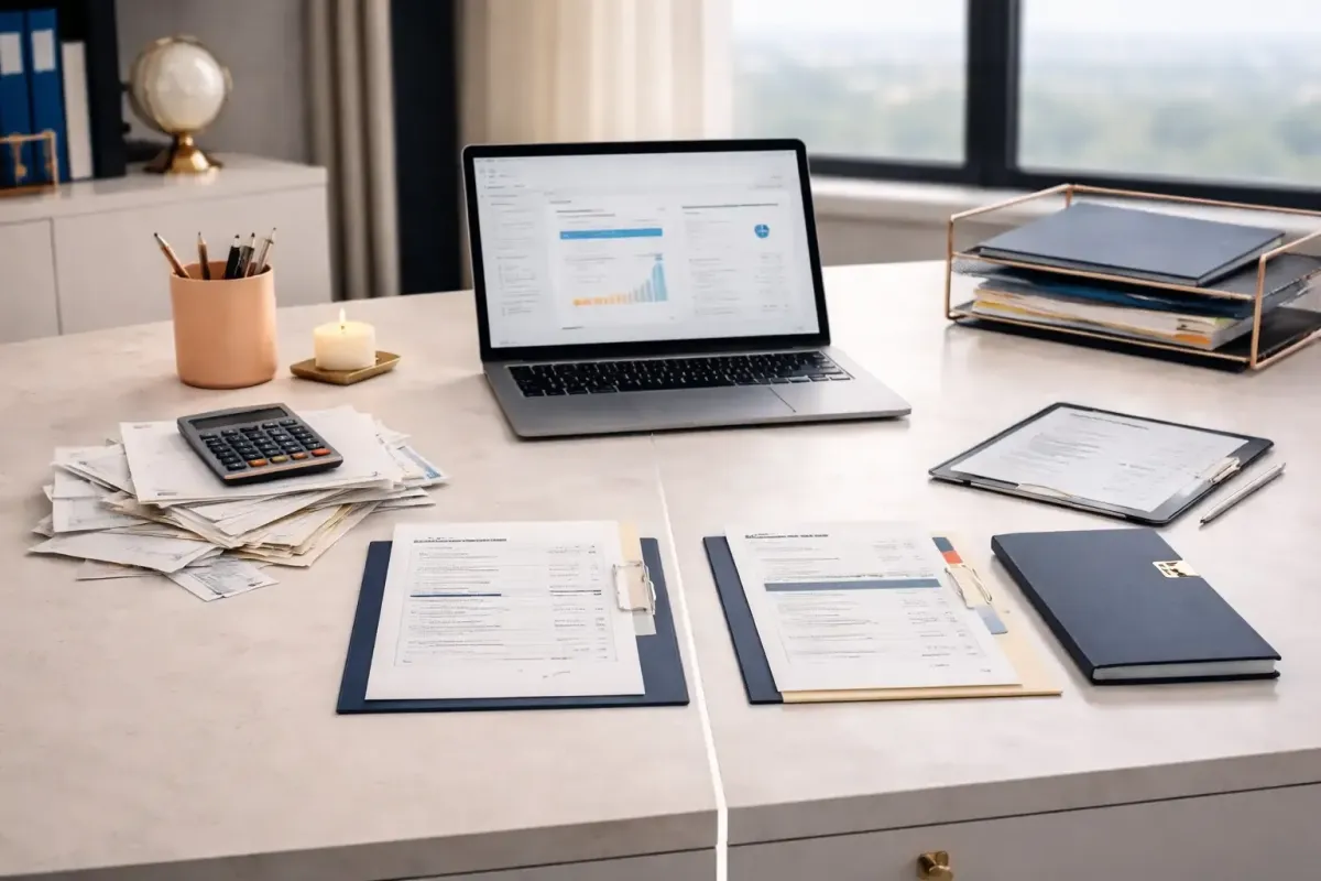 Bookkeeping workspace showing disorganized receipts transformed into organized financial records with laptop accounting dashboard representing Ferrara Bookkeeping and Consulting financial clarity for small businesses