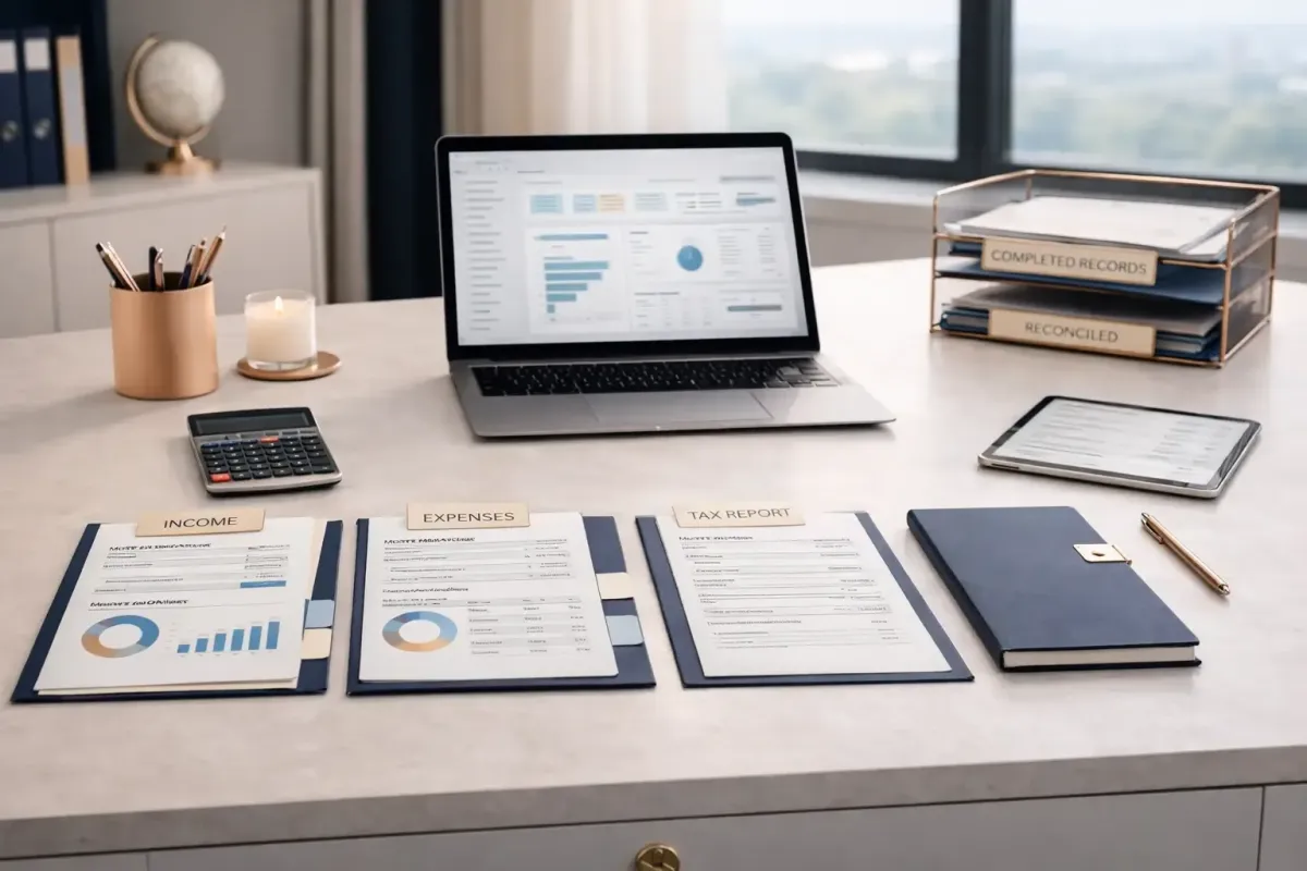 Bookkeeping workspace showing disorganized receipts transformed into organized financial records with laptop accounting dashboard representing Ferrara Bookkeeping and Consulting financial clarity for small businesses