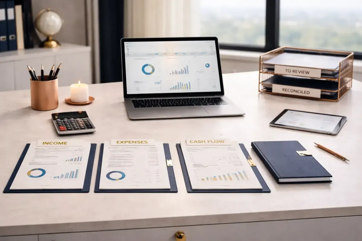 Bookkeeping workspace showing disorganized receipts transformed into organized financial records with laptop accounting dashboard representing Ferrara Bookkeeping and Consulting financial clarity for small businesses