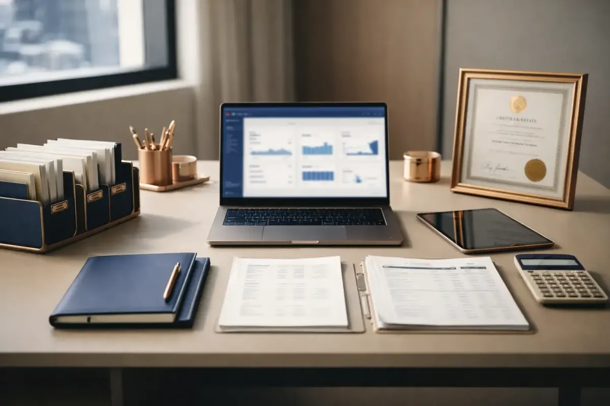 Executive bookkeeping workspace with laptop accounting dashboard organized financial reports and premium desk setup representing Ferrara Bookkeeping and Consulting trusted QuickBooks certified services