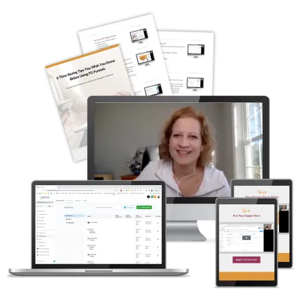 Collage of worksheets and video screenshots on a computer, laptop, and tablet showcasing '6 Time-Saving Tips for HighLevel' offer.