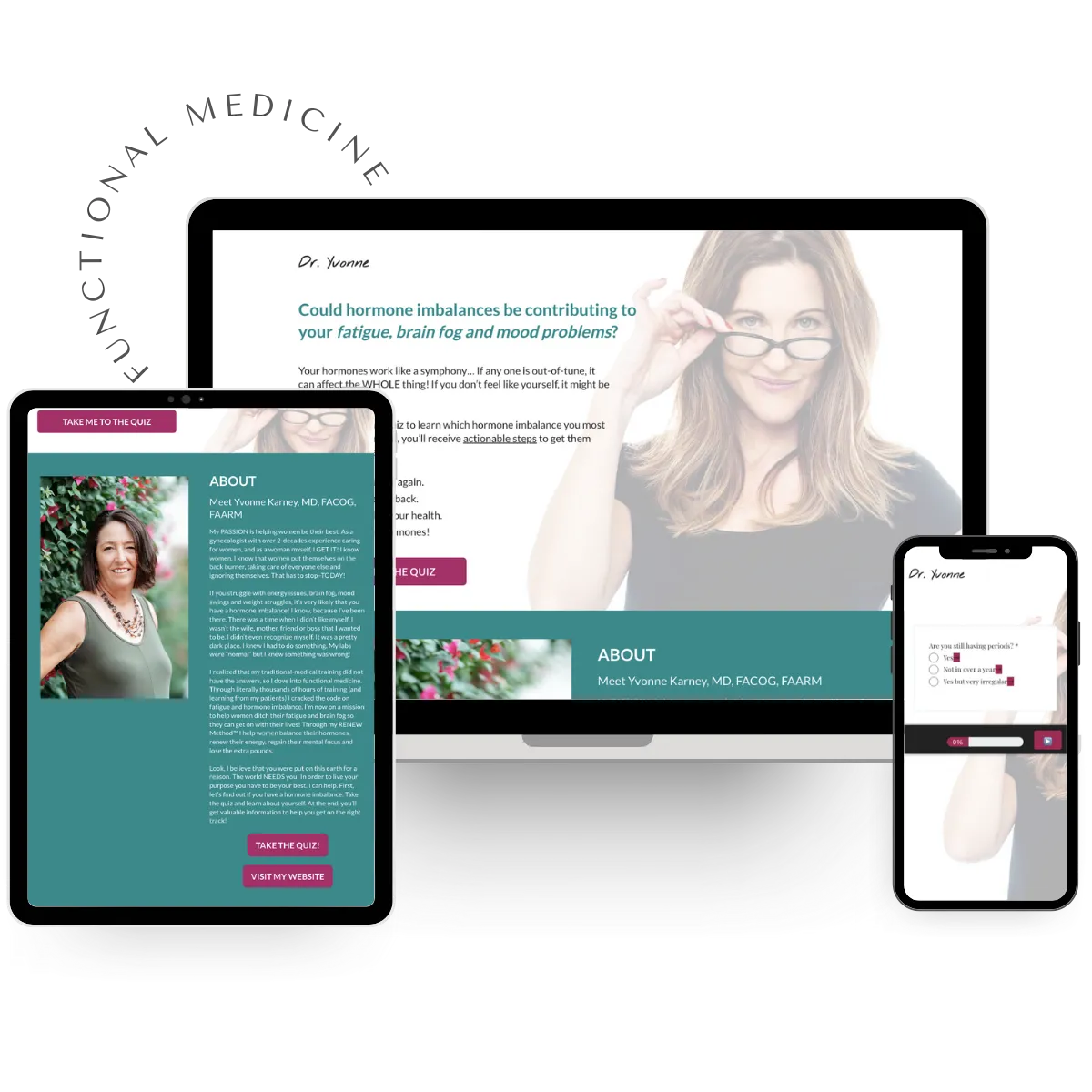 Functional medicine sales funnel displayed on desktop, tablet, and phone, illustrating Kim Roth's expertise in building optimized client funnels.