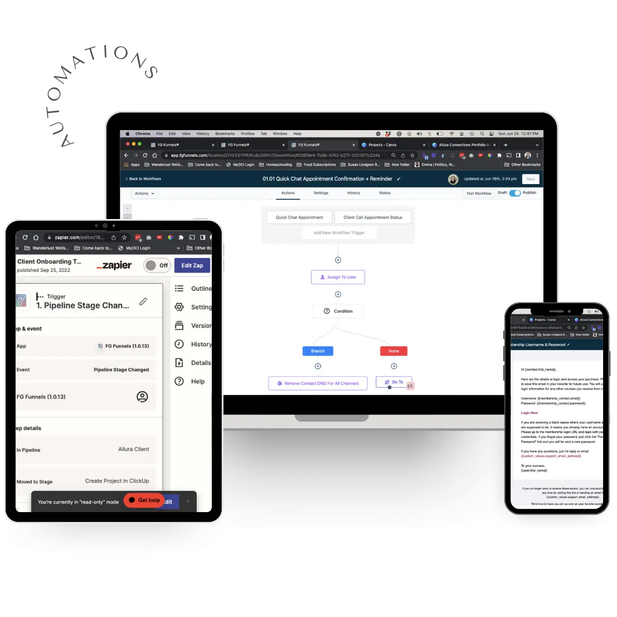 Business automation examples on desktop, tablet, and phone, demonstrating Kim Roth's customized automation solutions to streamline tasks.