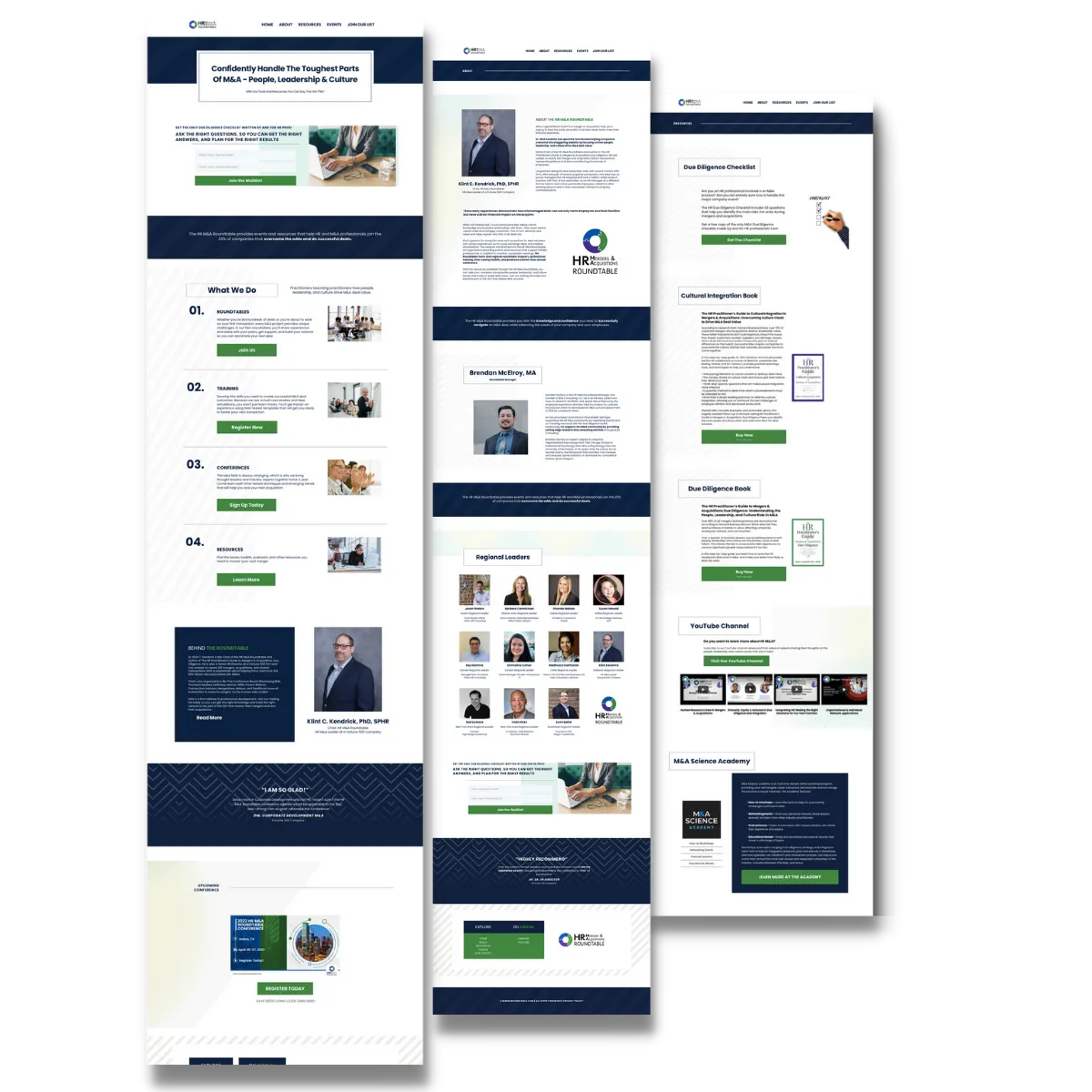 Three website pages from Mandaroundtable.com, highlighting professional human resources services, user-friendly navigation, and a modern design.