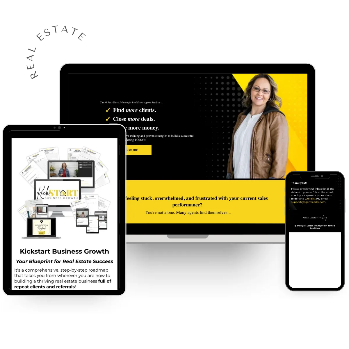 Responsive design of Agent Leader real estate sales funnel displayed on desktop, tablet, and mobile screens, optimized for lead generation and client engagement.