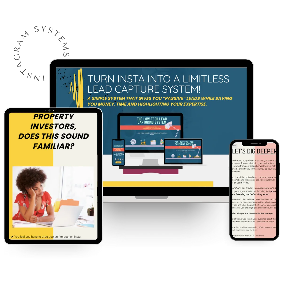 Responsive design of Instagram Systems sales funnel built on HighLevel, displayed on desktop, tablet, and mobile screens, optimized for social media marketing and lead generation.