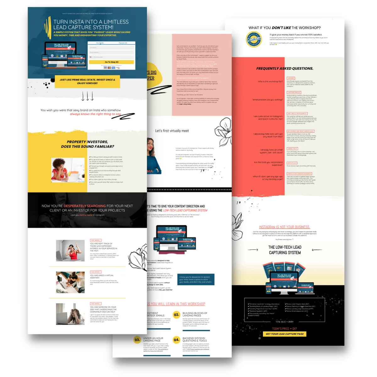 Three pages from the Instagram Systems sales funnel on HighLevel, showcasing a lead magnet opt-in, benefits overview, and call-to-action for growing Instagram engagement.