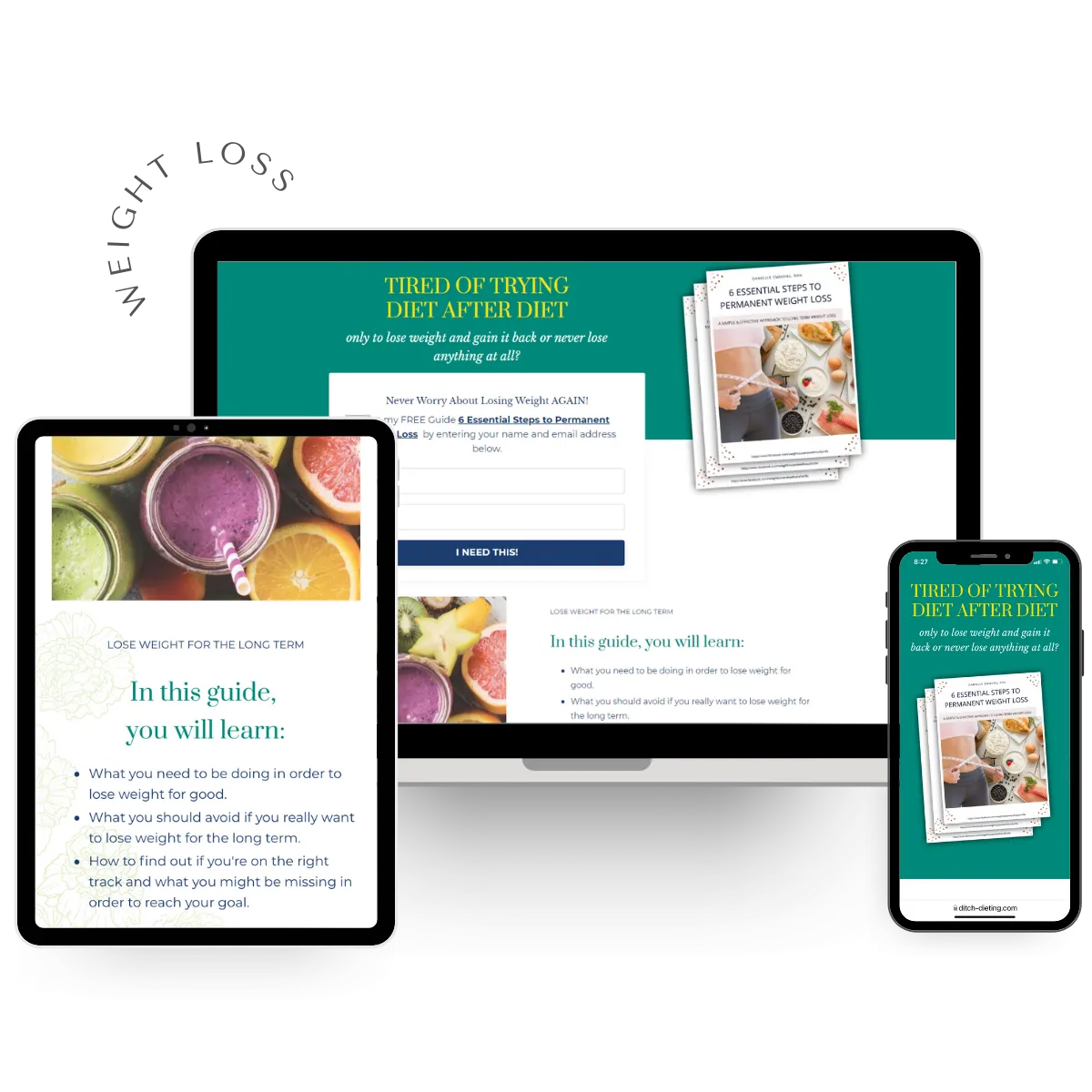 Responsive design of Weight Loss Freebie funnel built on HighLevel, shown on desktop, tablet, and mobile screens, optimized for lead capture and wellness promotion.