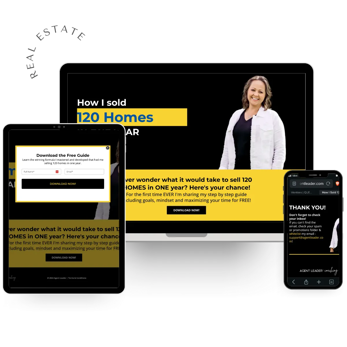 Responsive design of Agent Leader's 'How I Sold 120 Houses' freebie funnel, displayed on desktop, tablet, and mobile screens, built on HighLevel for real estate lead generation.