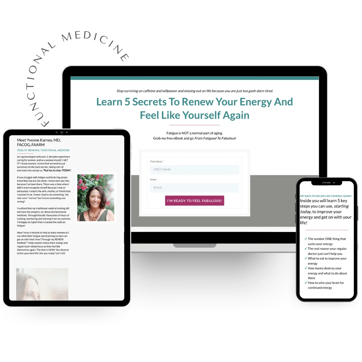 Responsive design of Functional Medicine '5 Secrets' freebie funnel, displayed on desktop, tablet, and mobile screens, designed for lead generation and health-focused content.