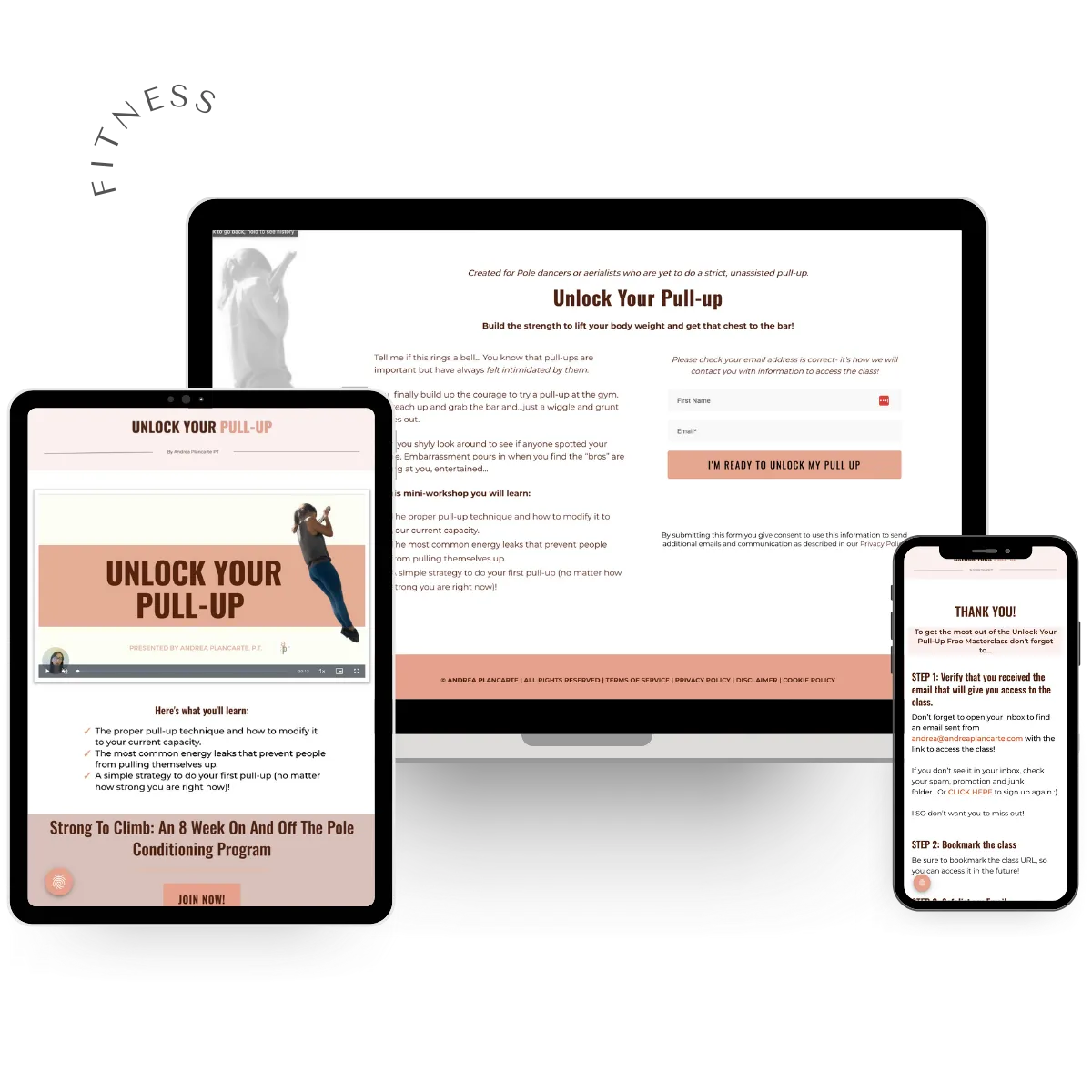 Responsive design of 'Unlock Your Pull-Up' fitness freebie funnel, displayed on desktop, tablet, and mobile screens, designed to guide users toward fitness success.