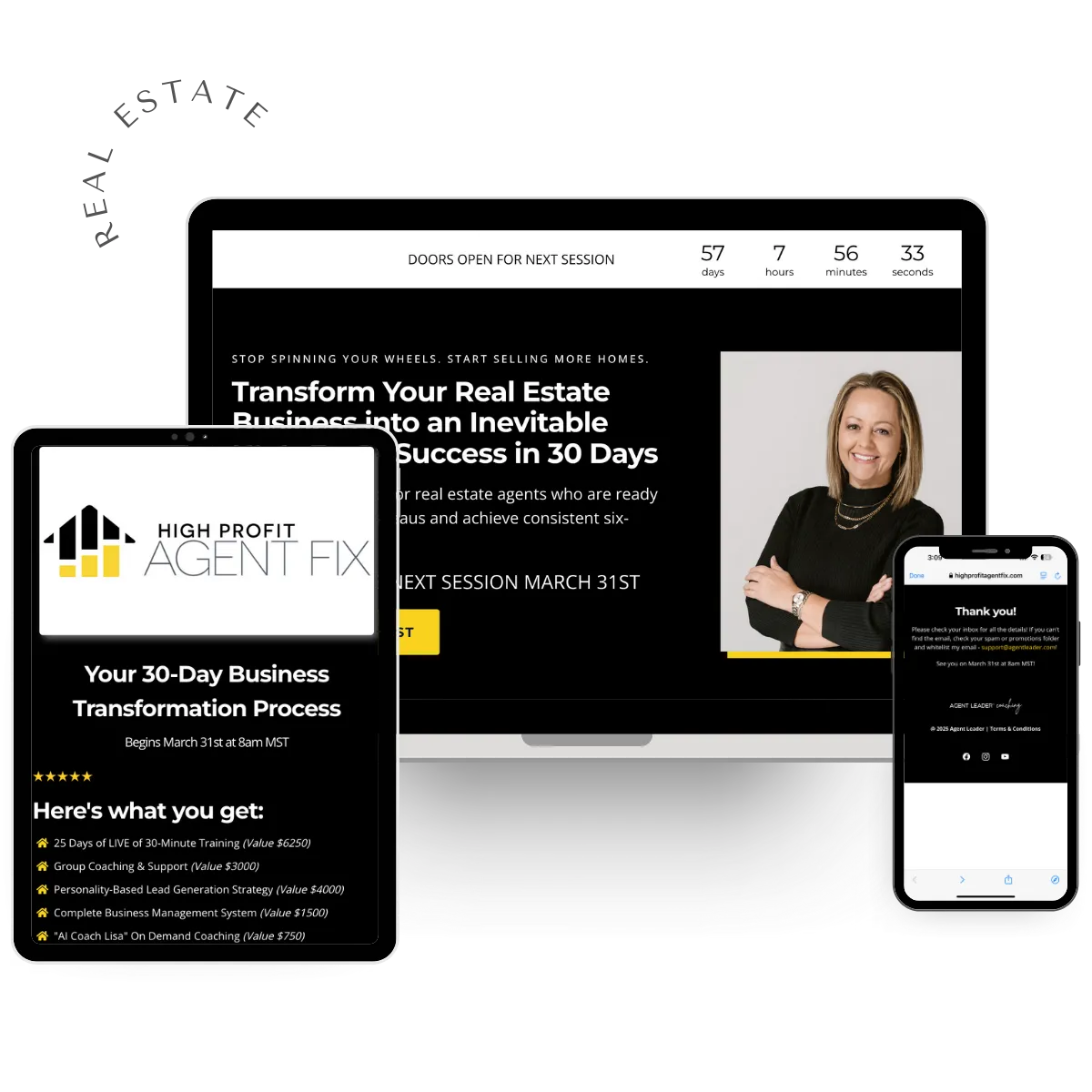 Responsive design of Agent Leader real estate sales funnel displayed on desktop, tablet, and mobile screens, optimized for lead generation and client engagement.