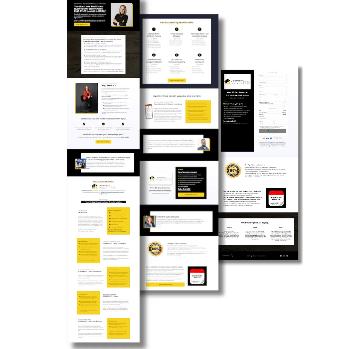 Three pages from the Agent Leader real estate sales funnel, featuring a lead capture form, property showcase, and contact section for seamless client conversion.