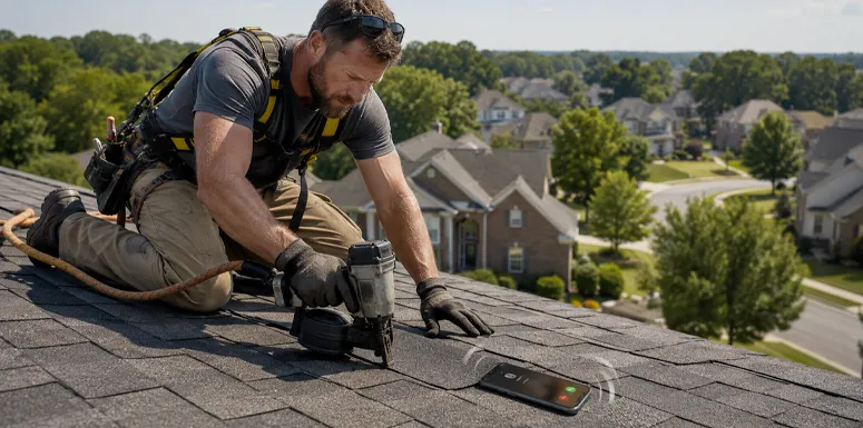 Contractor working on a Richmond-area roof while an unanswered customer call rings on his phone.