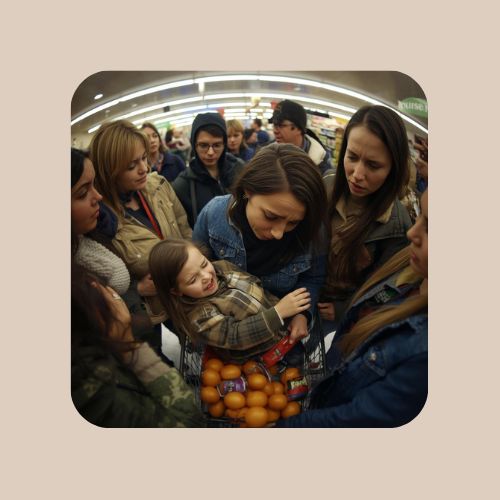 Mom and child shopping; child is crying; people are staring