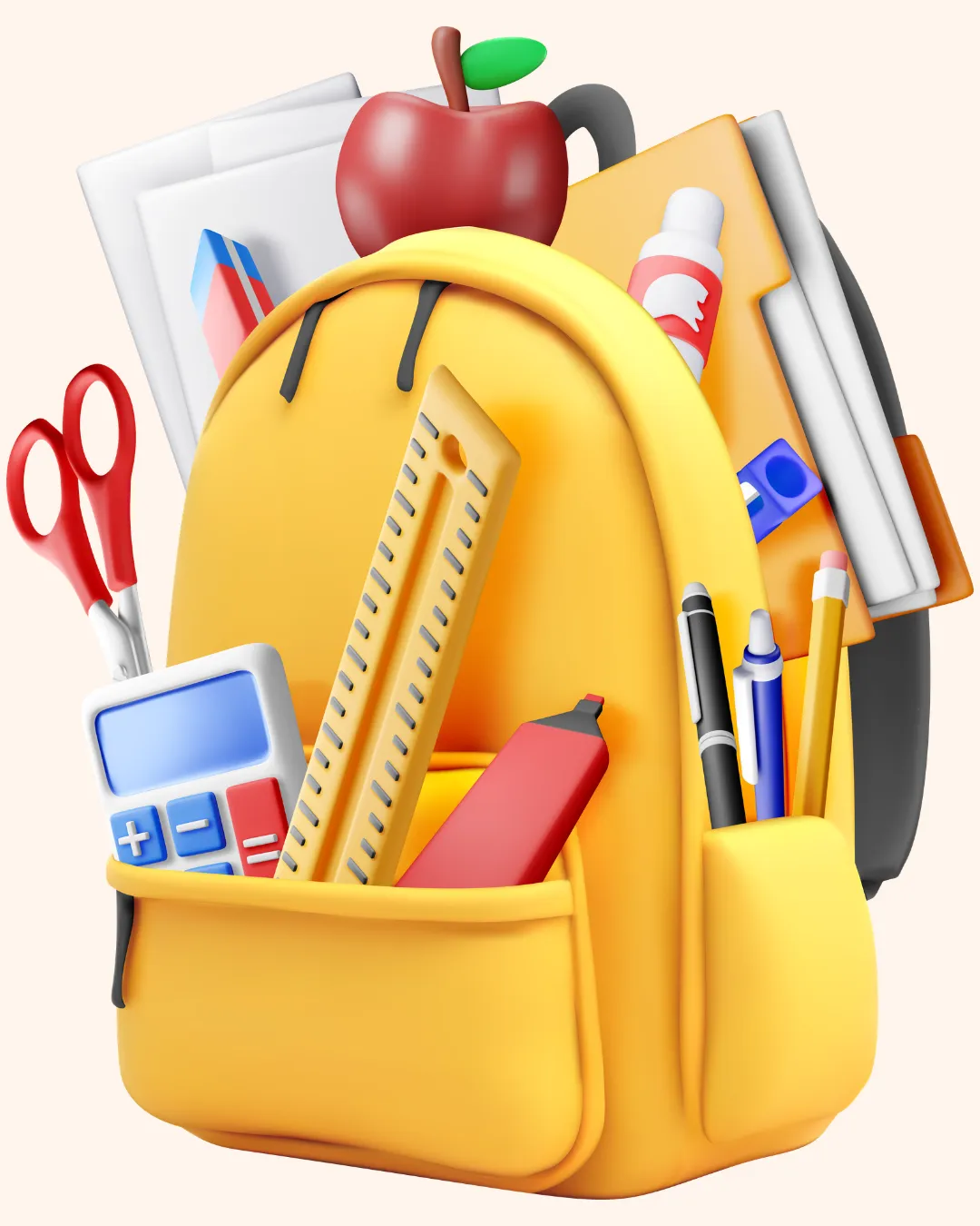 bookbag full of papers, books, ruler, pens, pencils, scissors, calculator and an apple