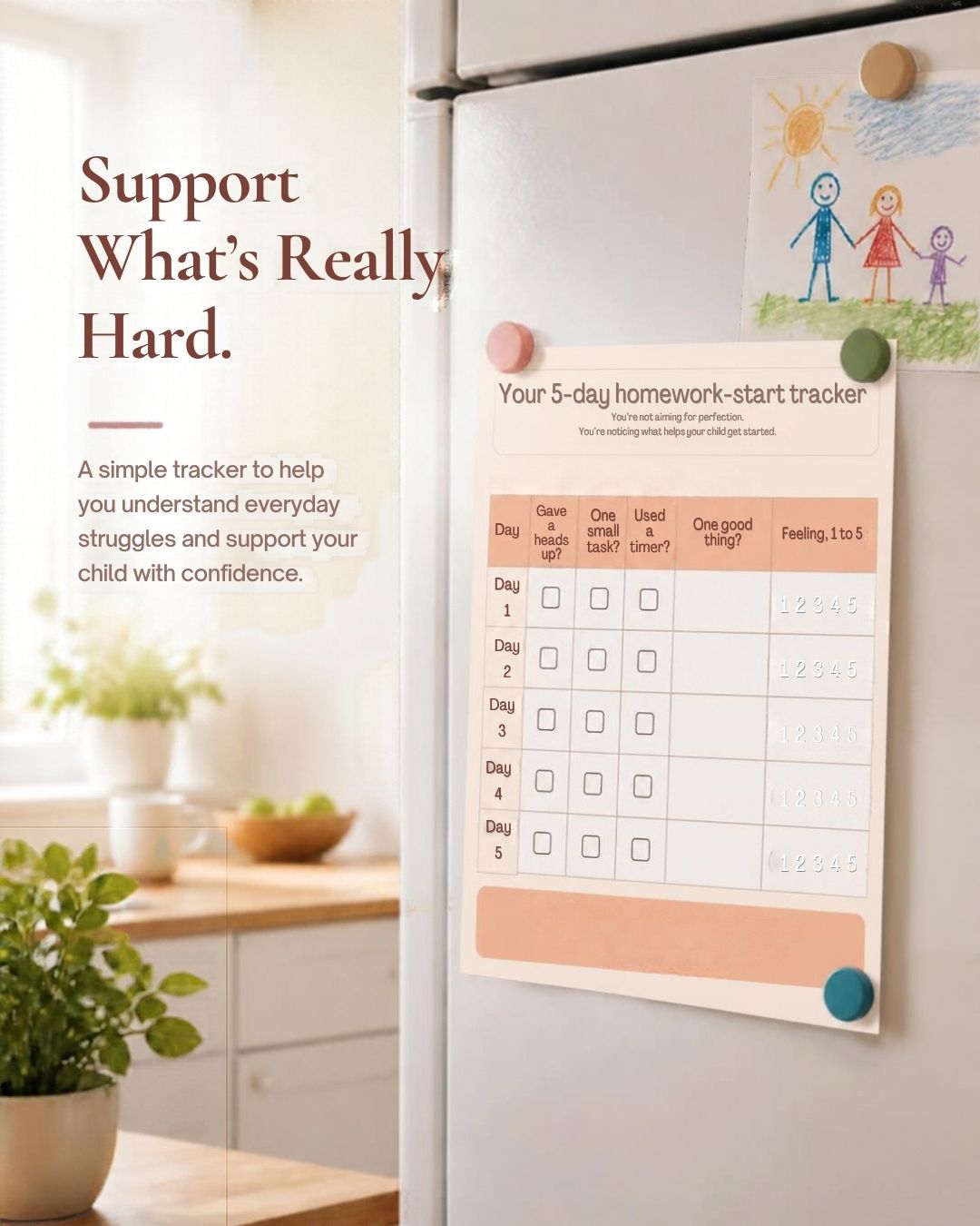 Mockup of a printed paper tracker titled 'Your 5-day homework-start tracker' with checkboxes for different days and actions.