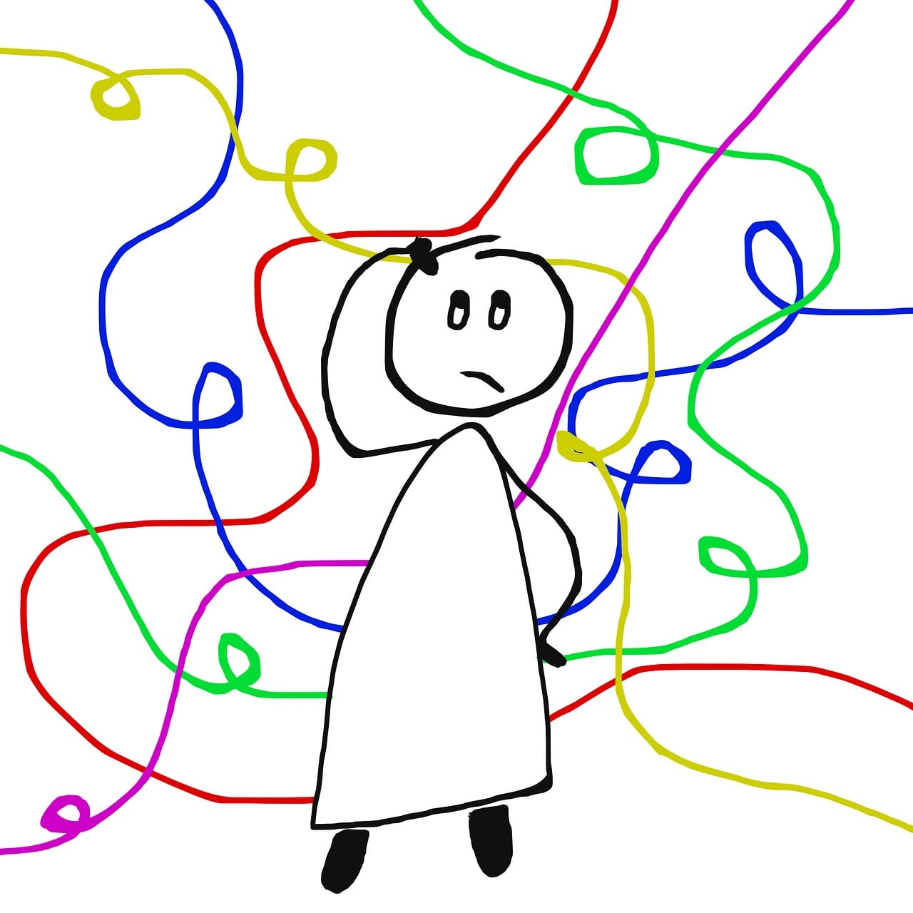 cartoon drawing of a person with multicolored swirly lines all around