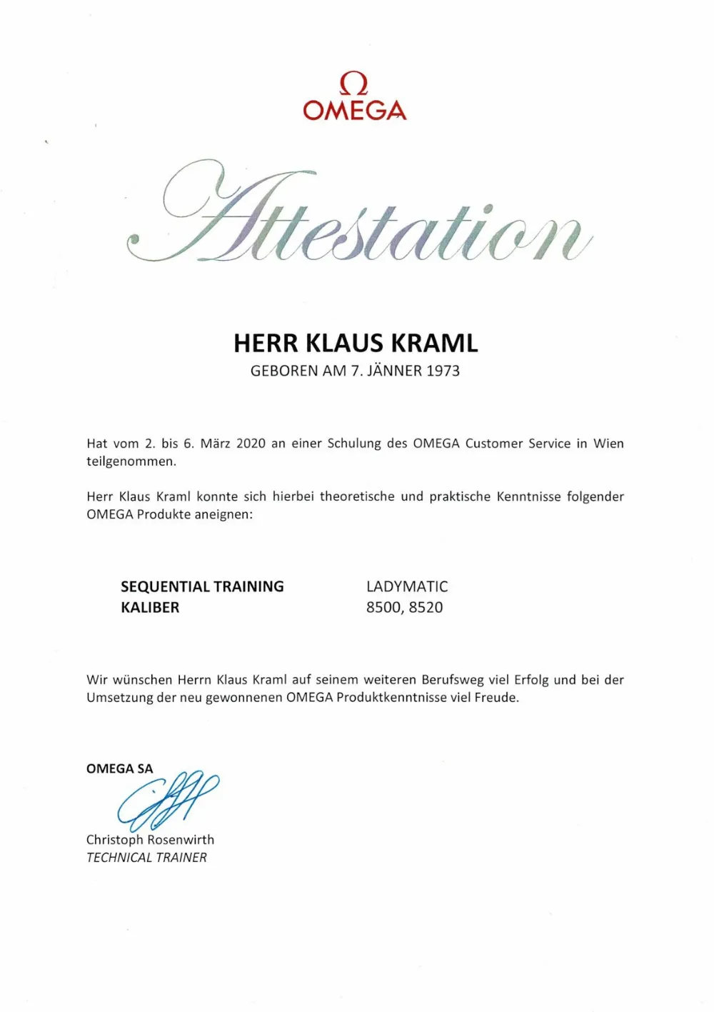 Uhrmachermeister Klaus Kraml – Zertifizierung Swatch Group Co-Axial 8500,8520