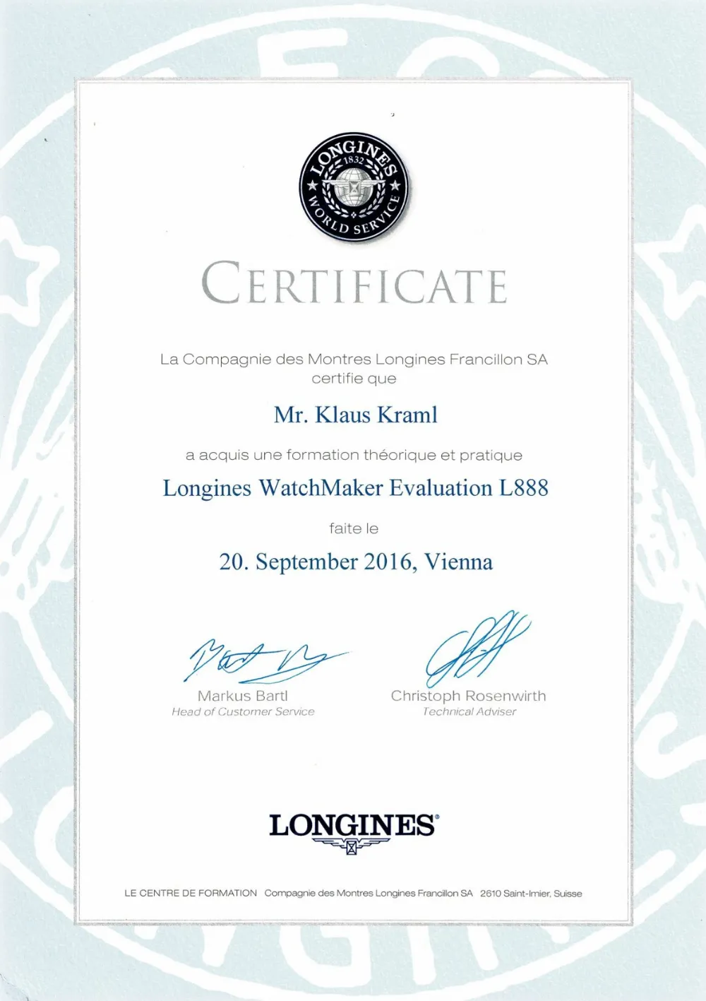 Uhrmachermeister Klaus Kraml – Zertifizierung Swatch Group LWME L888