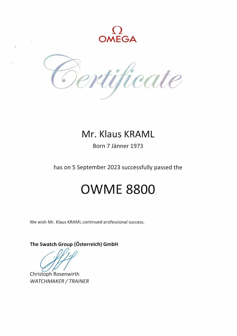 Uhrmachermeister Klaus Kraml – Zertifizierung Swatch Group OWME 8800