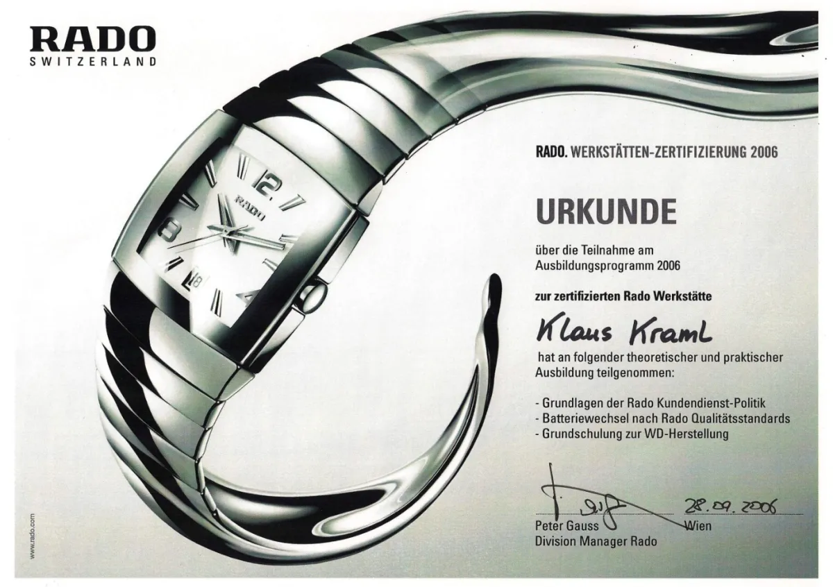 Uhrmachermeister Klaus Kraml – Zertifizierung Swatch Group Rado