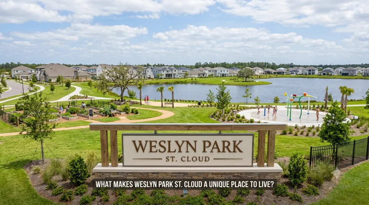 An aerial perspective photograph capturing the 'Weslyn Park' monument sign in St. Cloud, Florida, with a master-planned community background featuring a community garden, a walking path with residents, a children's splash pad, a large lake, and new construction single-family homes under a blue sky.