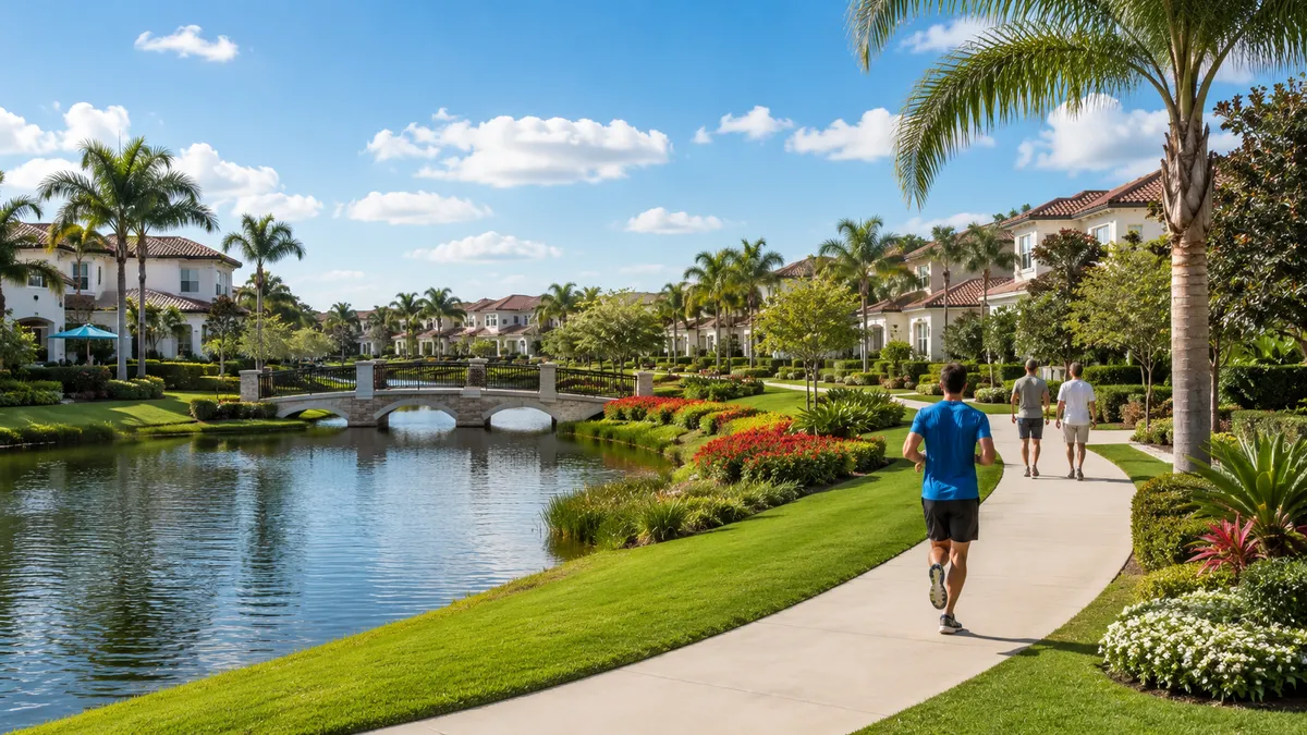 VillageWalk Lake Nona gated community Mediterranean homes along canal