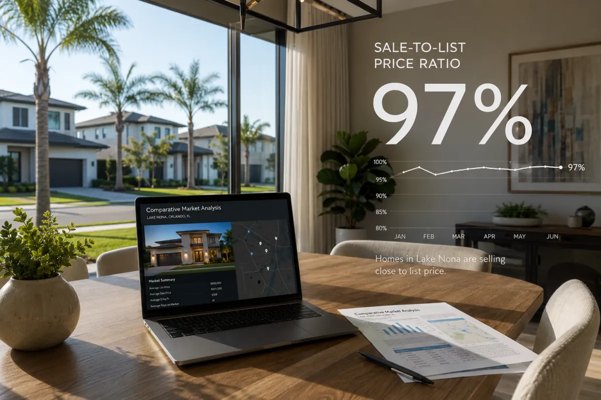 Lake Nona home with SOLD sign showing sold to list price ratio data for June 2026