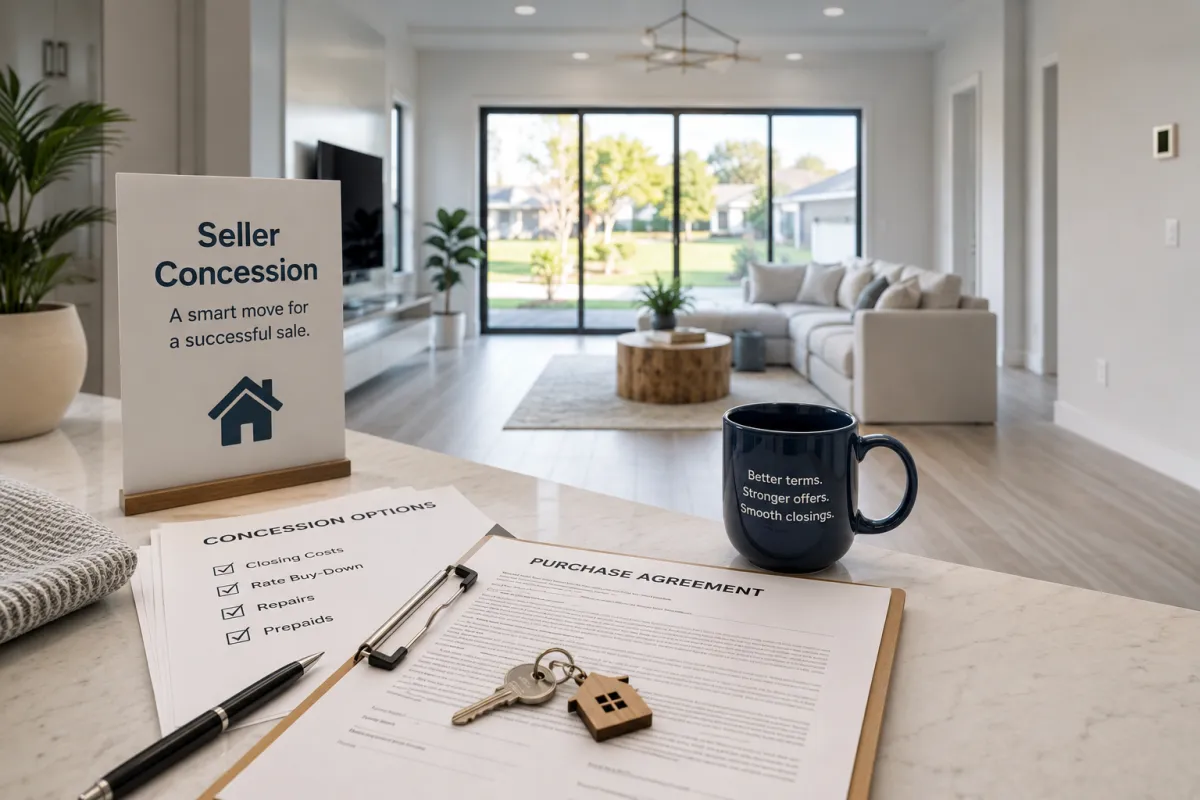 Modern Lake Nona home interior with seller concession documents, closing cost options, purchase agreement, and house keys displayed on a kitchen counter.